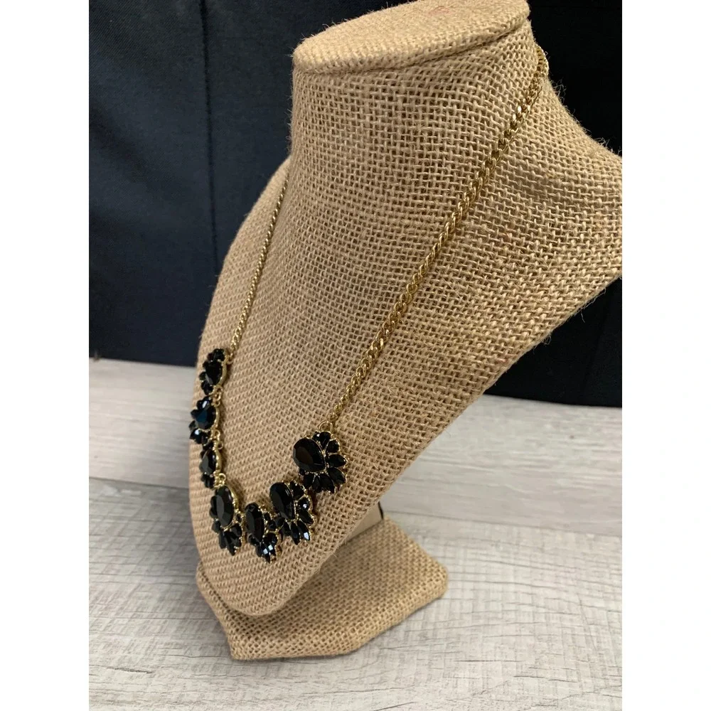 Black Gold Tone Statement Bib Necklace Faux Onyx Teardrop Crystal Collar‎ 16in